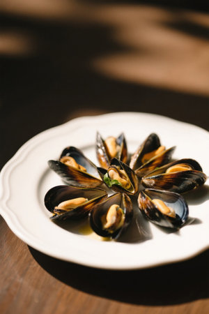 Mussels seafood on white plateの素材