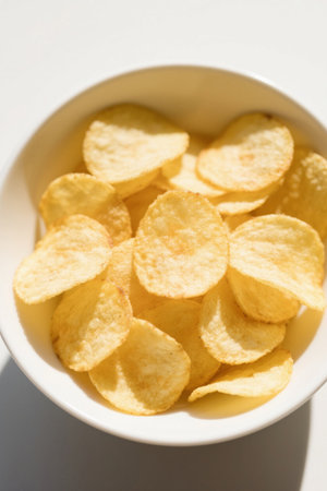 Delicious potato chips in a white bowlの素材