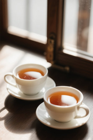 Two white cups of hot tea by the windowの素材