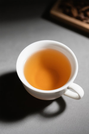 Close up of yellow hot tea in a white cupの素材