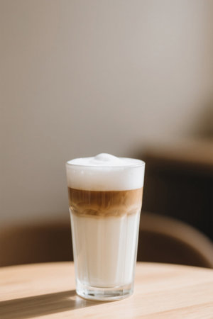 A layered cup of coffee on a wooden tableの素材