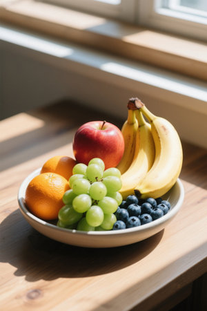 Wooden table bowls with a variety of fresh fruitsの素材