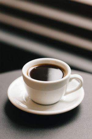 Close up of black coffee in a white cup and saucerの素材