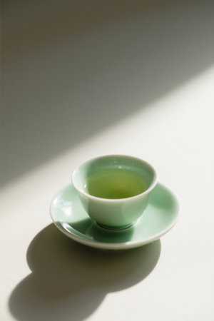 Turquoise teacup and tea in the sunの素材