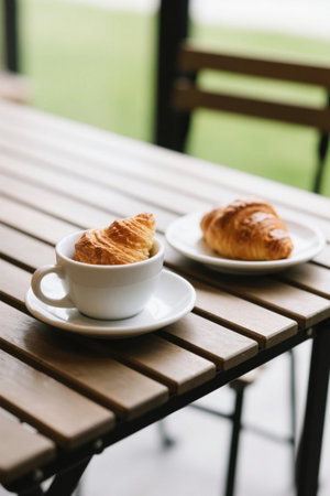 Coffee and croissants on a wooden tableの素材
