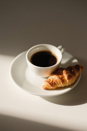 Coffee and croissants on a white plateの素材
