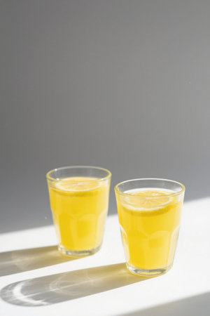 Two cups of yellow juice in a glassの素材
