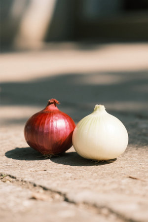 Red and white onions on the outdoor groundの素材