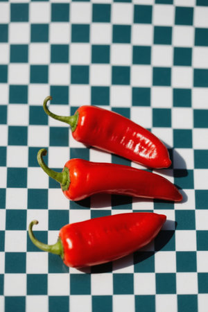 Three red peppers on a checked backgroundの素材