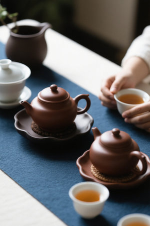 Chinese tea tasting scene with a person holding a teacupの素材