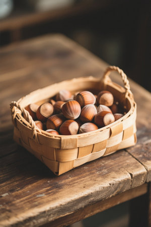 Hazelnut nuts in a wooden basketの素材