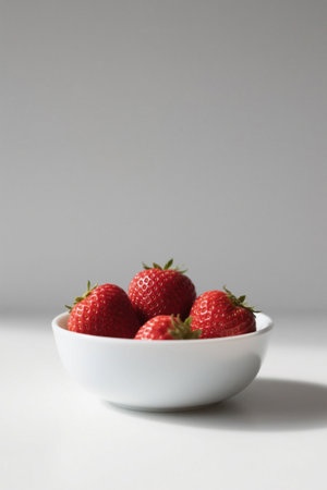 Close up of fresh strawberries in a white bowlの素材