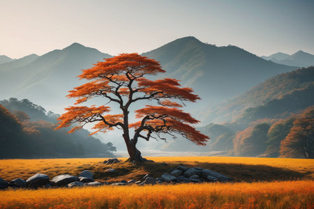 Lonely trees in the fields and autumn scenery in distant mountainsの素材