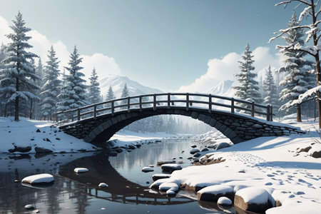 Stone arch bridge scenery in the forest after the snowの素材