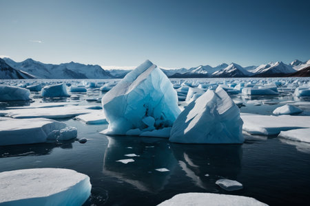 Huge ice blocks on glaciers and snowy mountain landscapesの素材