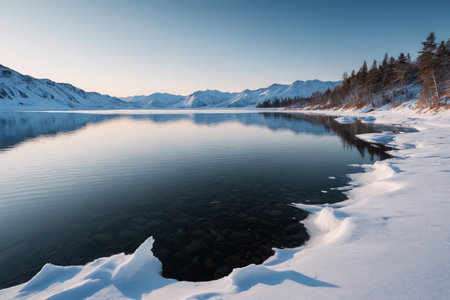 Tranquil lake snow scene at the foot of the snow capped mountainsの素材