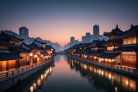 Ancient architecture and city night view riverside sceneryの素材