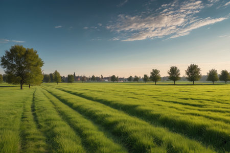 Vast green fields and distant village landscapesの素材