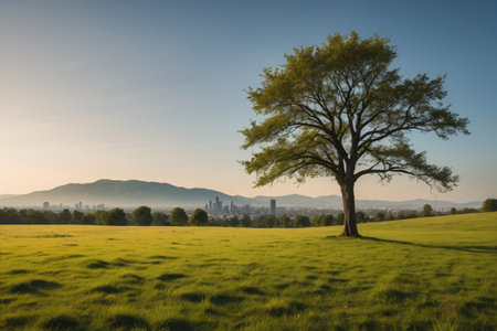 Lone trees in the wilderness and distant cityscapeの素材