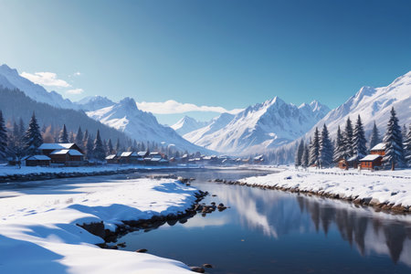 Peaceful village and river landscape under the snow capped mountainsの素材