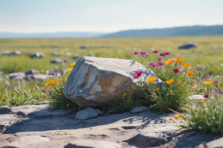 Colorful wildflowers blooming beside rocks in the wildernessの素材