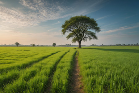 Lone trees and green crops in the fieldsの素材