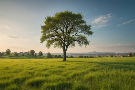 Separate green trees in the fieldの素材