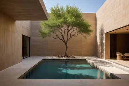 Pool and tree views in a modern courtyardの素材