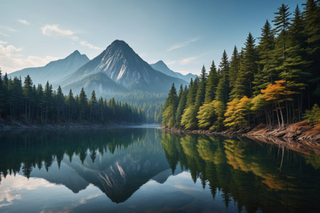 Natural landscape of mountains, forests and lakesの素材