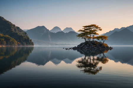 Natural scenery of the small island in the center of the lakeの素材