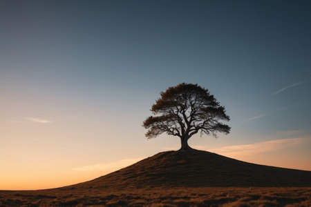 Lonely trees on the hills and the dusk skyの素材