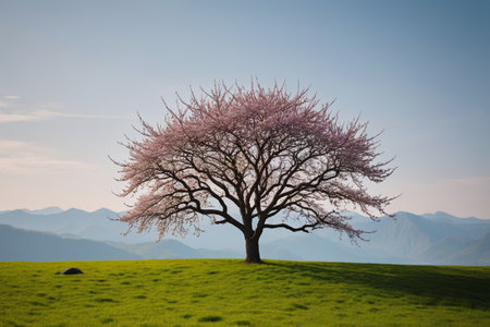A single cherry tree in full bloom on the grasslandの素材