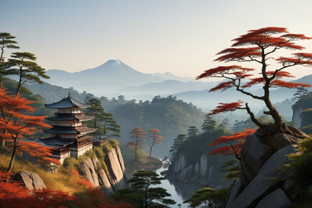 Ancient buildings with autumn scenery in the mountains of Japanの素材