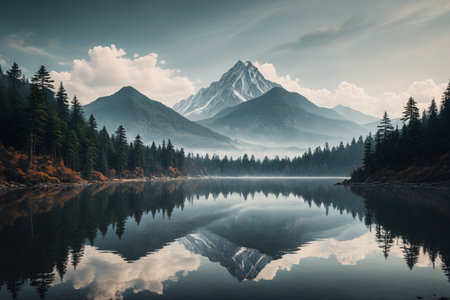 Mountains, forests, lakes and distant mountains of natural sceneryの素材