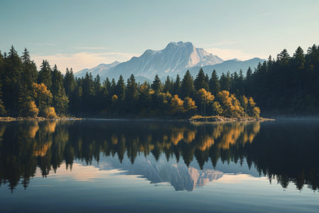 Mountains, forests, lakes and distant mountains natural landscapeの素材