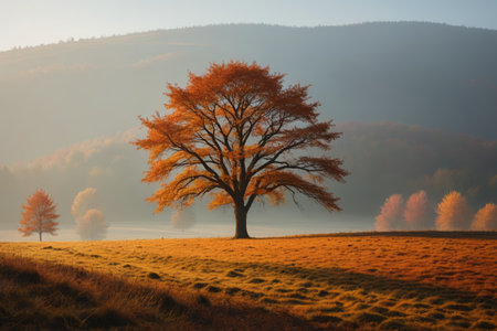 Lone tree scenery in the autumn fieldsの素材