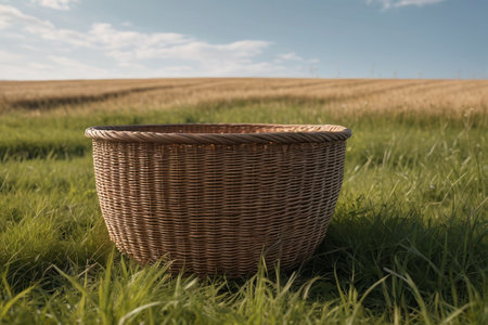 Woven baskets on the grassの素材