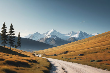 Autumn colored grasslands and snow capped mountain scenery in the mountainsの素材