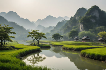 Pastoral scenery in the mountains and riversの素材