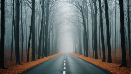 Autumn view of forest road in fogの素材