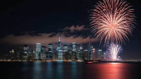 Fireworks bloom at night in the cityの素材