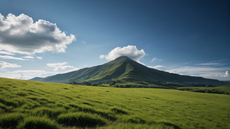 Green grassland and distant mountains with blue sky and white clouds landscapeの素材