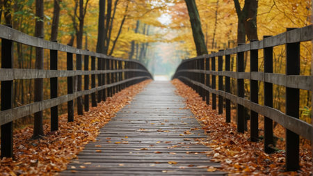 Wooden boardwalk in the autumn forestの素材