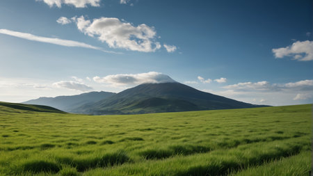 Vast grasslands and distant mountains with blue sky and white cloudsの素材