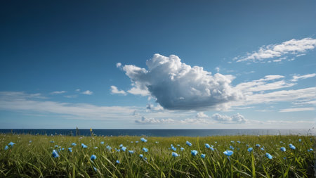 Seaside meadow blue flowers and white clouds landscapeの素材