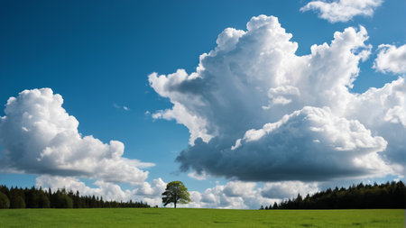 Lone trees on the grassland and blue sky and white cloudsの素材