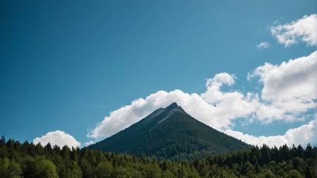 Forest and mountain under blue sky and white cloudsの素材