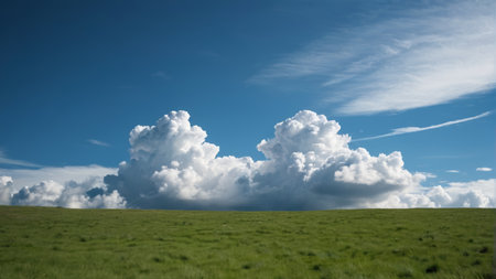 Green grassland under blue sky and white cloudsの素材