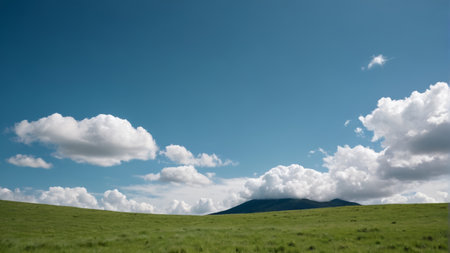 Green grassland landscape under blue sky and white cloudsの素材
