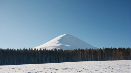 Snow covered peaks and forest landscapeの素材